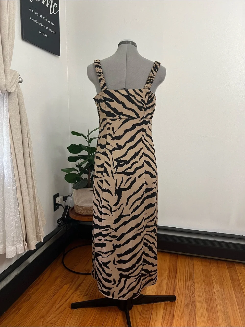 Bar III Beige and Black Zebra-Print Midi Dress with Side Slit